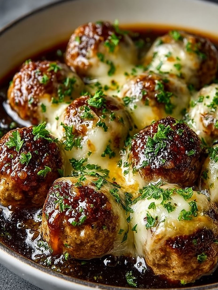 French onion meatballs delight.