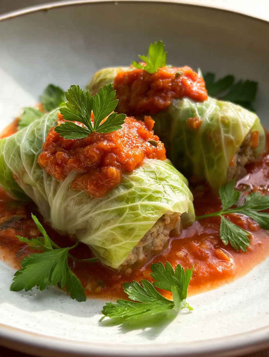 A plate of cabbage rolls with sauce.