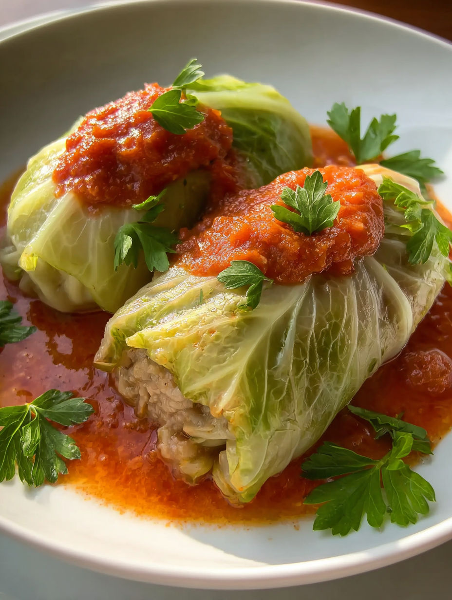 A plate of food with cabbage rolls.
