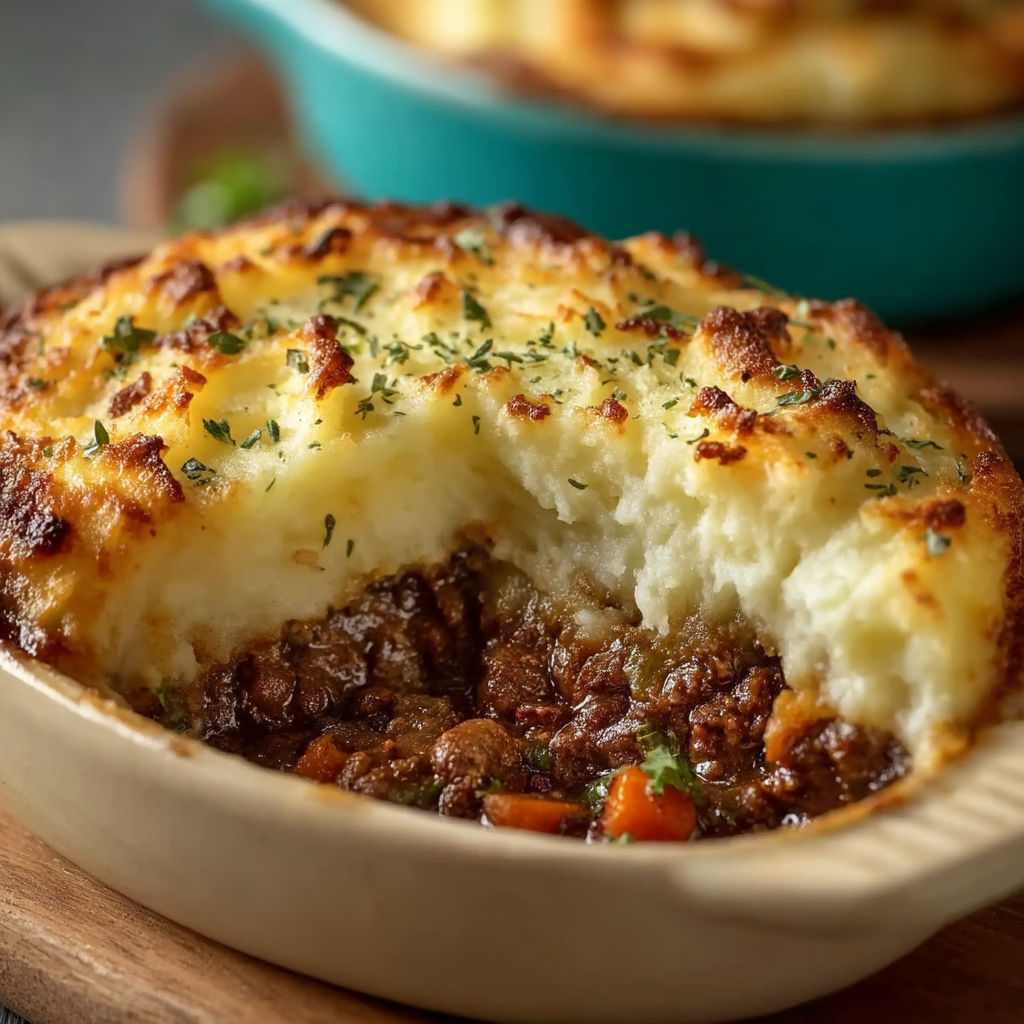 A close up of a delicious shepherd's pie.