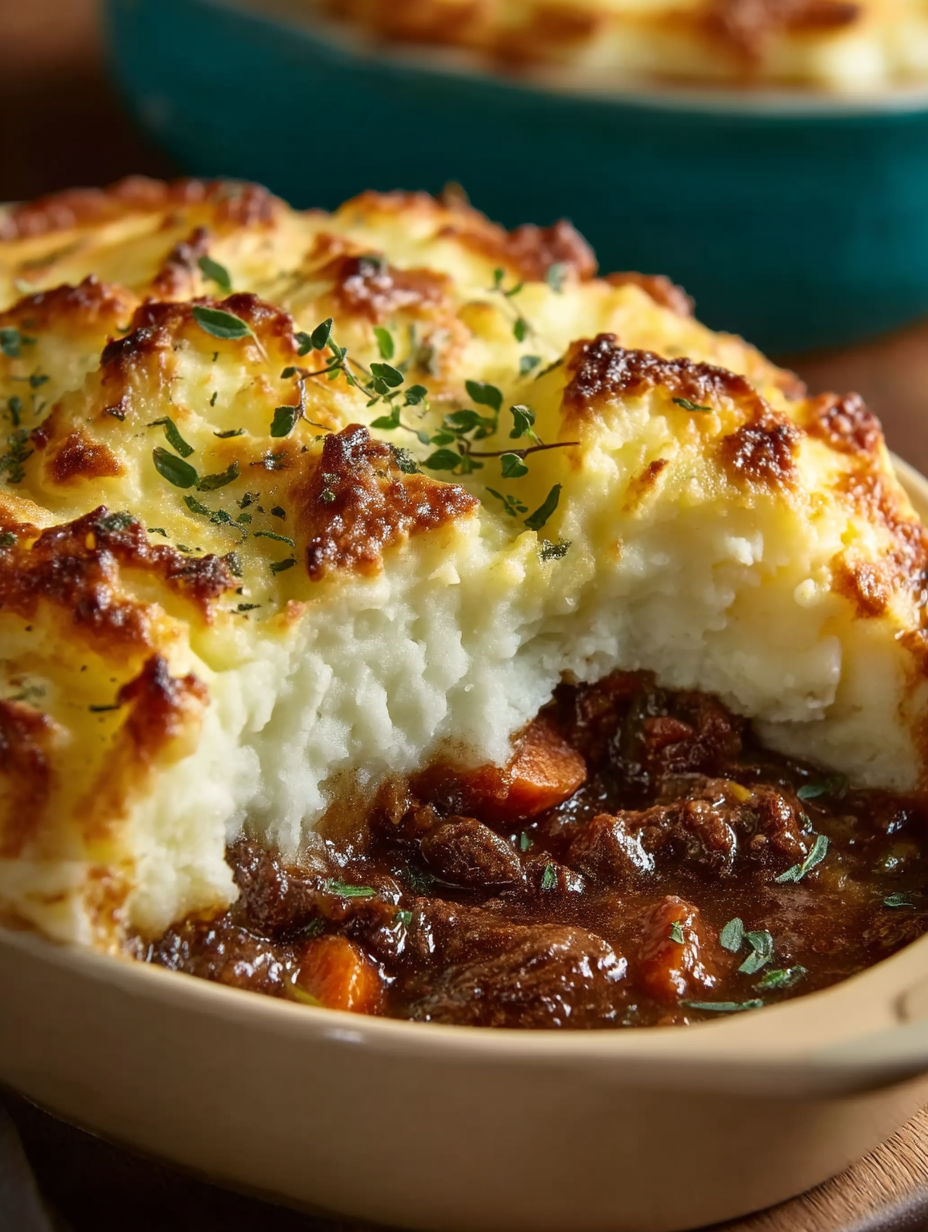 A close up of a delicious shepherd's pie.
