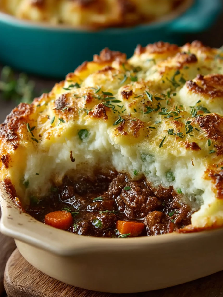 A close up of a delicious shepherd's pie.