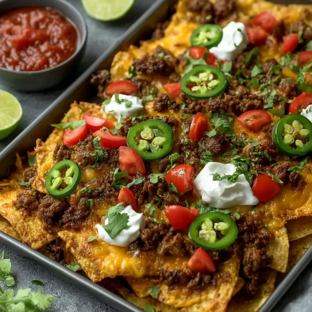 A delicious looking nacho dish with jalapenos and cheese.