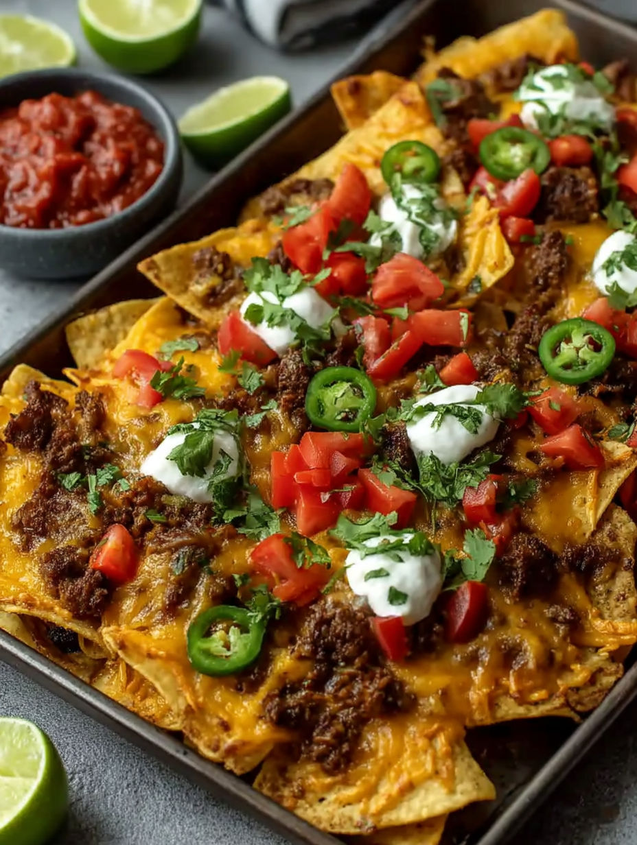 A pan of nachos with tomatoes, jalapenos, and cheese.