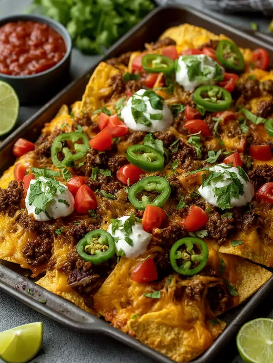 A pan of nachos with jalapenos and cheese.