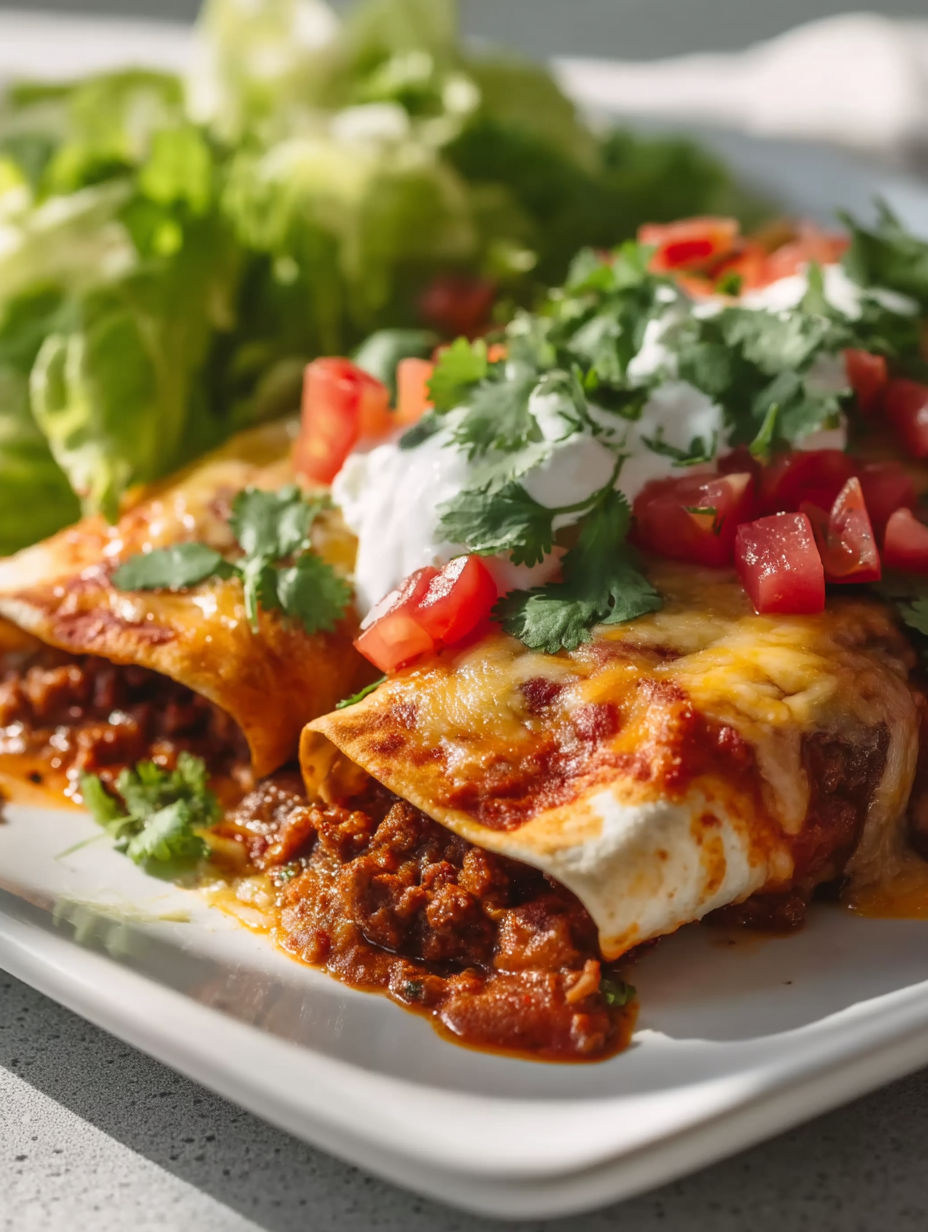 A plate of beef enchiladas with tomatoes and lettuce on top.