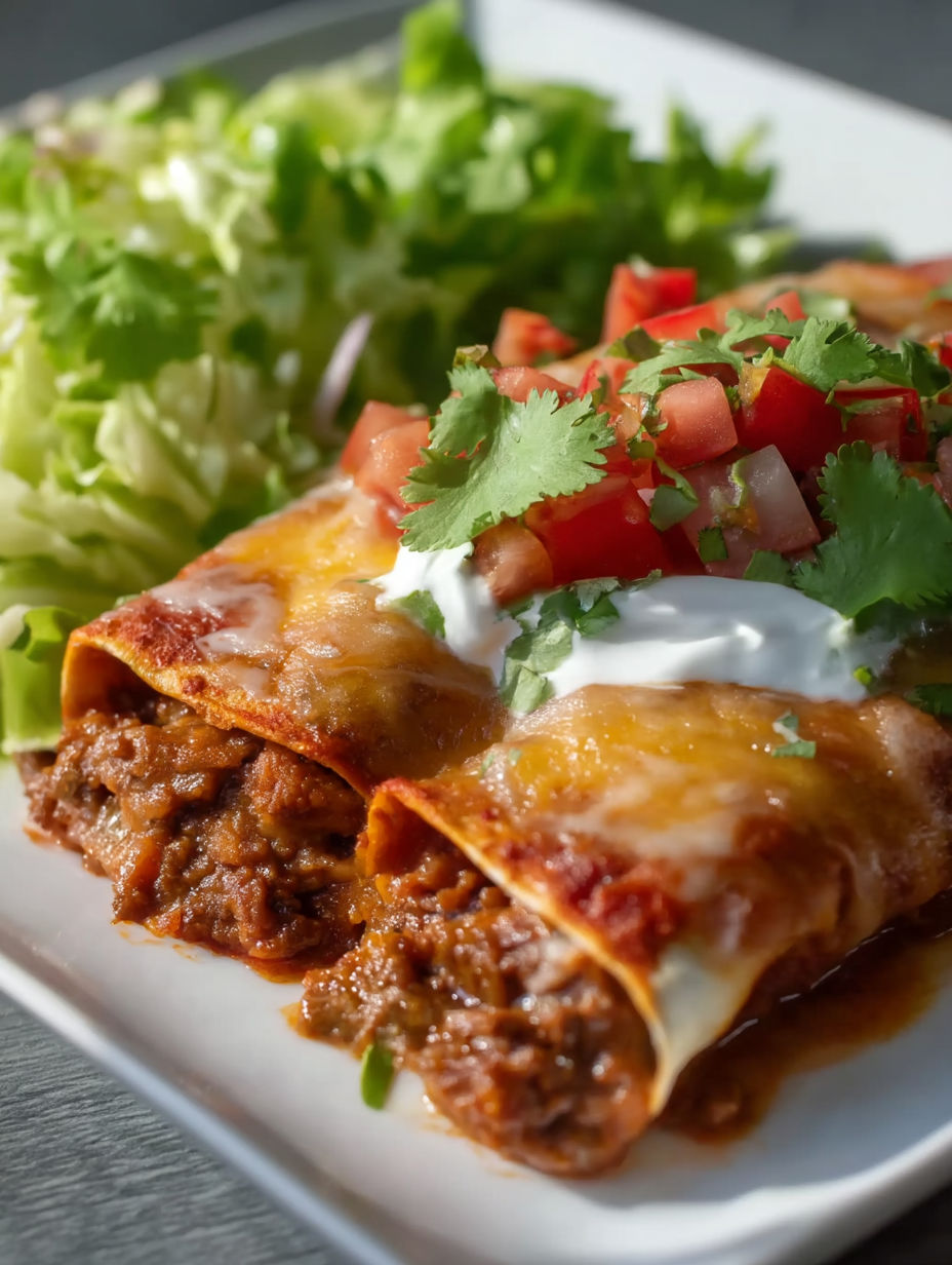 A plate of beef enchiladas with tomatoes and cheese.