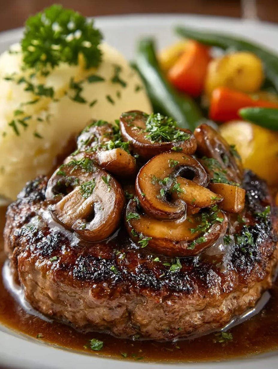 A delicious meal of Salisbury Steak with Mushrooms.