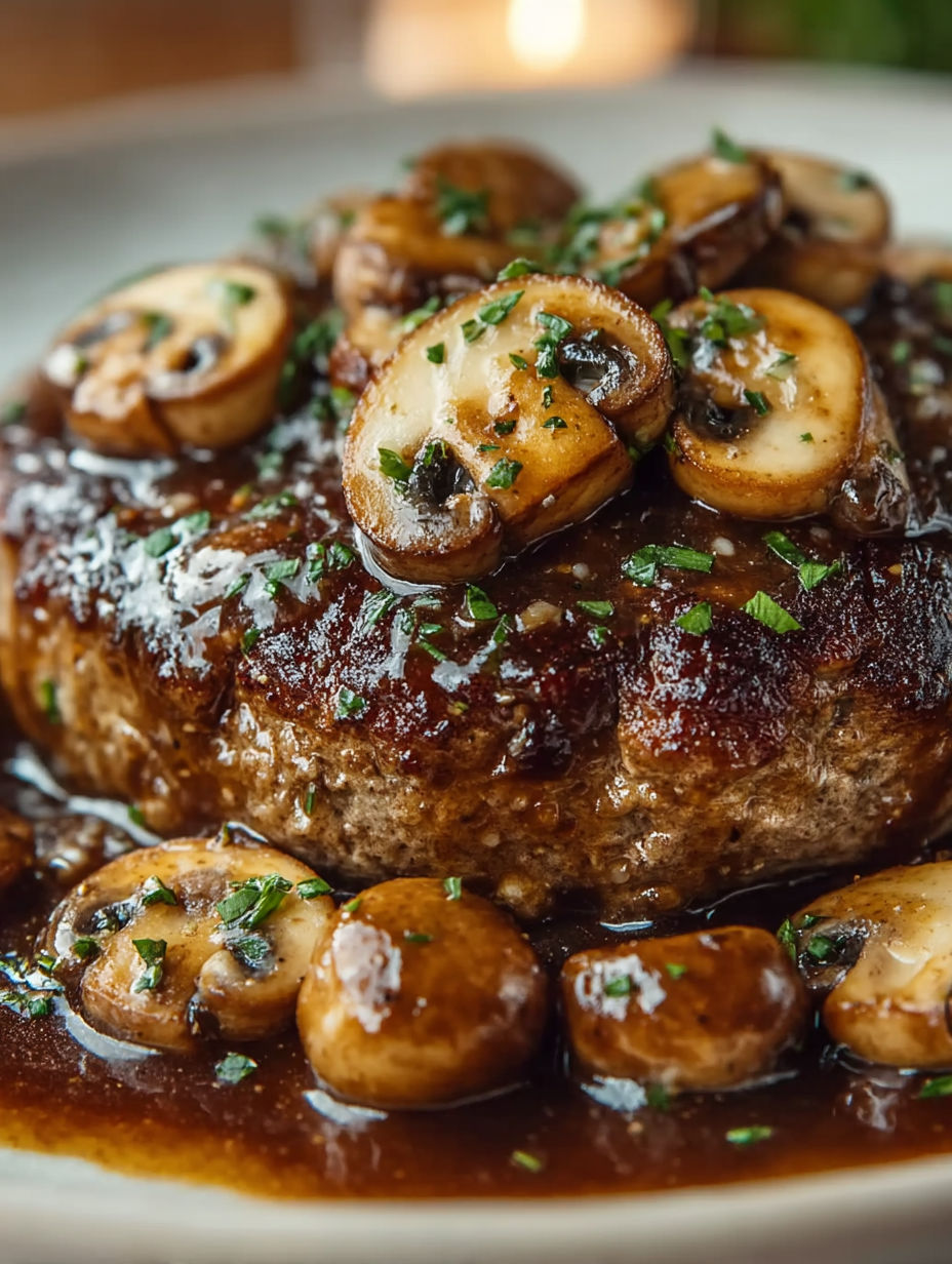 A delicious looking Salisbury Steak with Mushrooms Recipe.