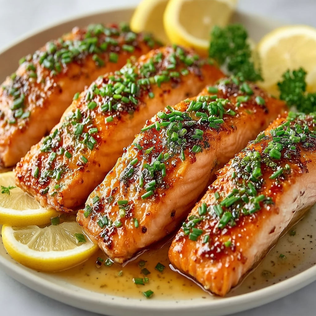 A plate of salmon with lemon and garlic.