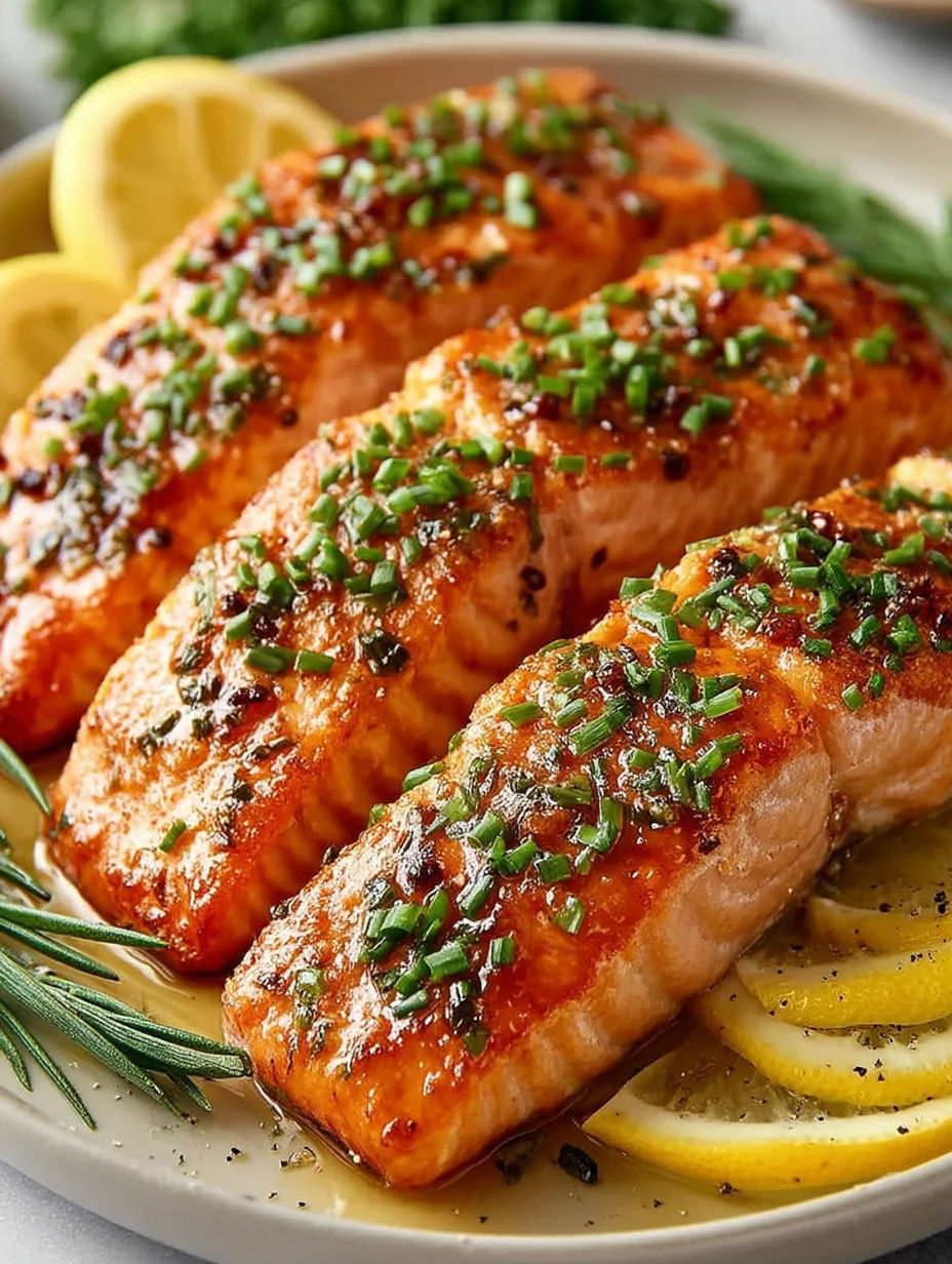 A plate of salmon with herbs and lemon.