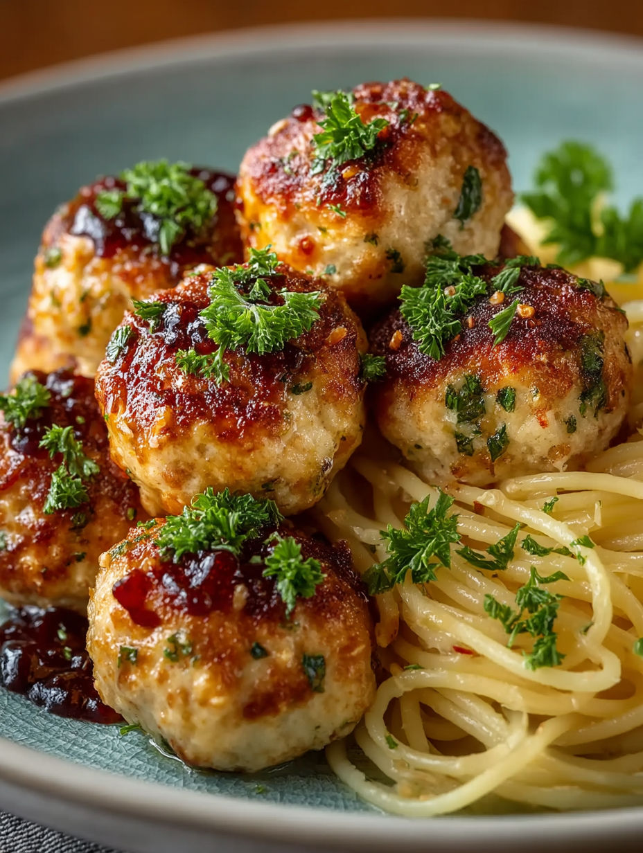 A plate of meatballs with sauce and herbs on top.