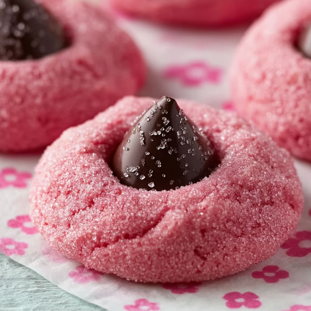 A pink cookie with a chocolate kiss on top.