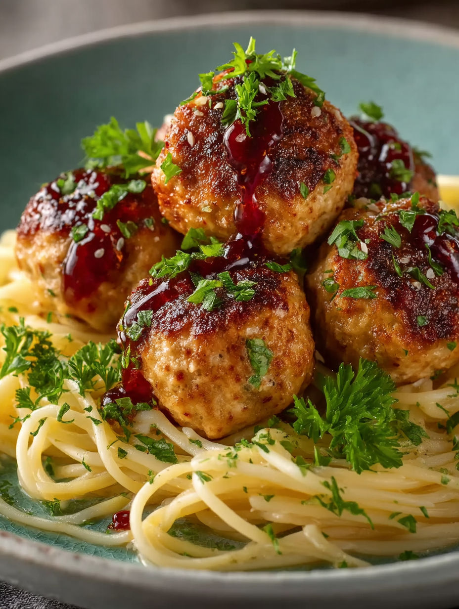 Meatballs with sauce and herbs on a plate.