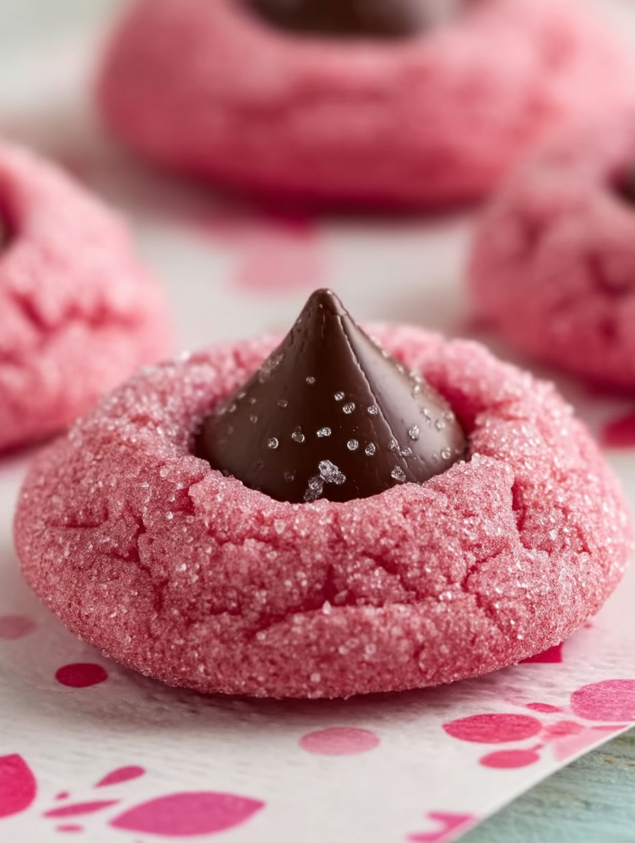 A pink cookie with a chocolate kiss in the middle.