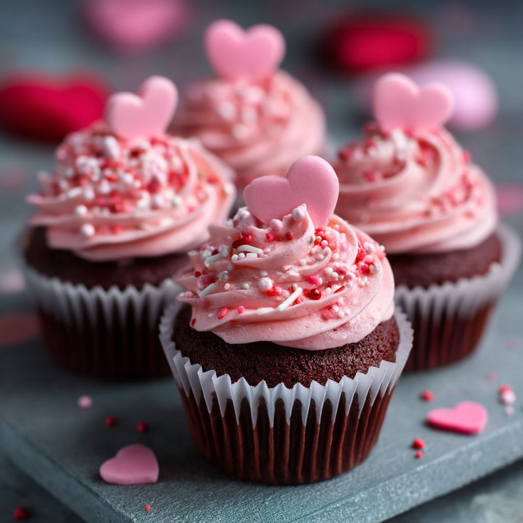 Three cupcakes with hearts on top.