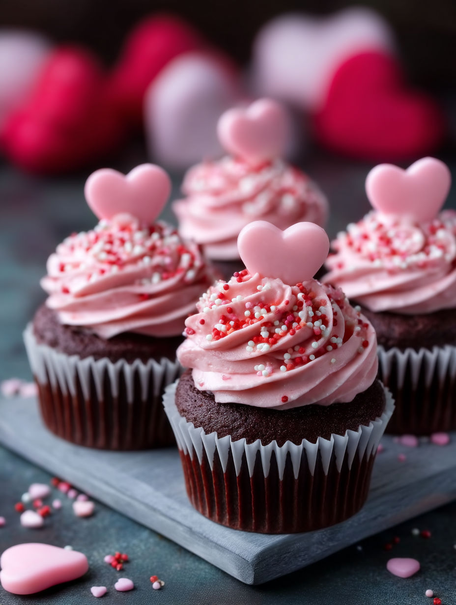 Three cupcakes with hearts on top.