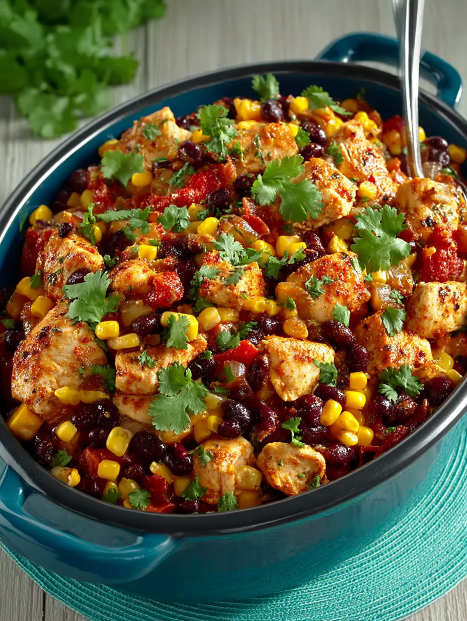 A bowl of chicken and vegetables.