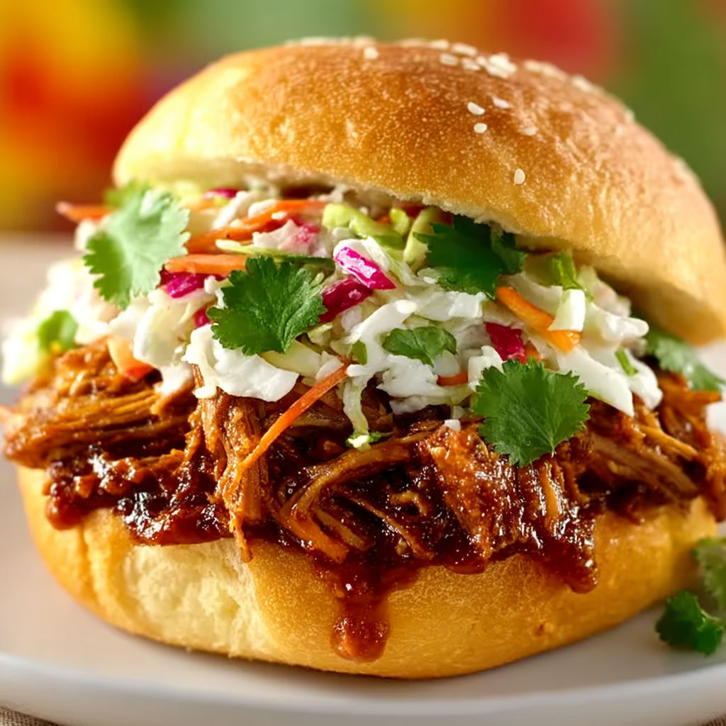 A sandwich with pulled pork and coleslaw on a bun.