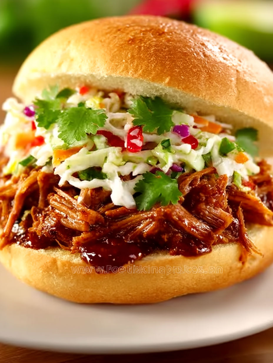 A sandwich with pulled pork and coleslaw.