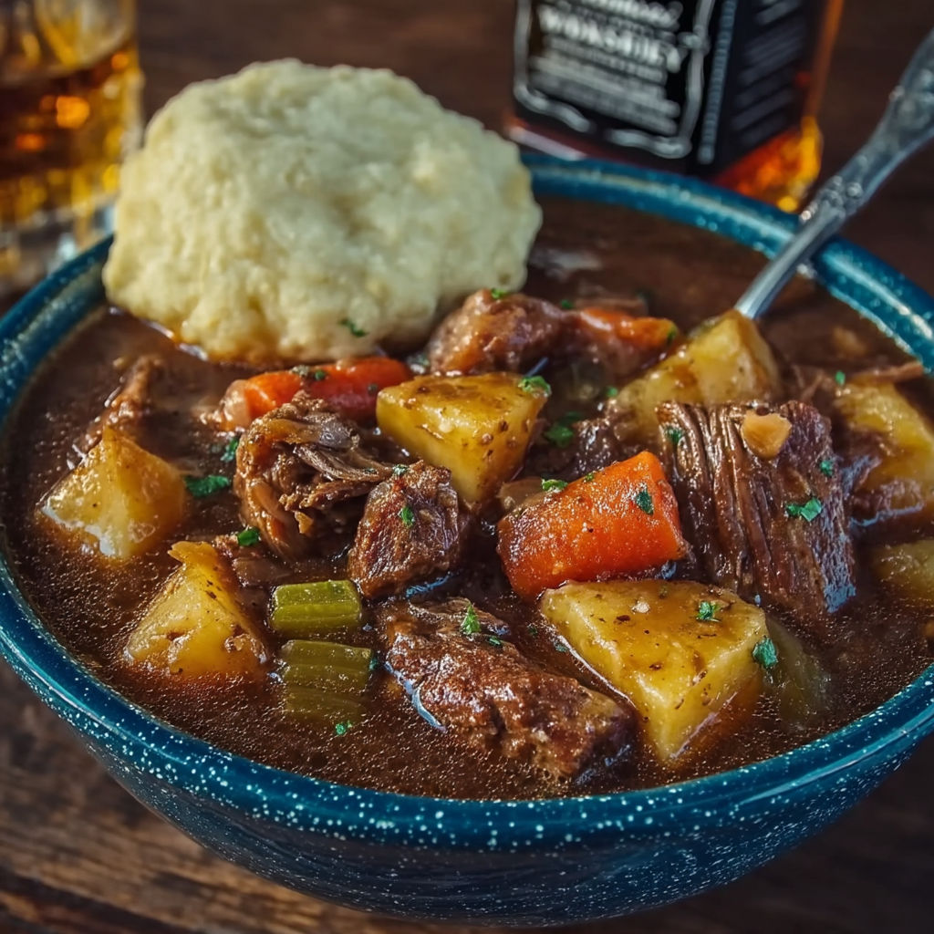 A bowl of beef stew with carrots and potatoes.