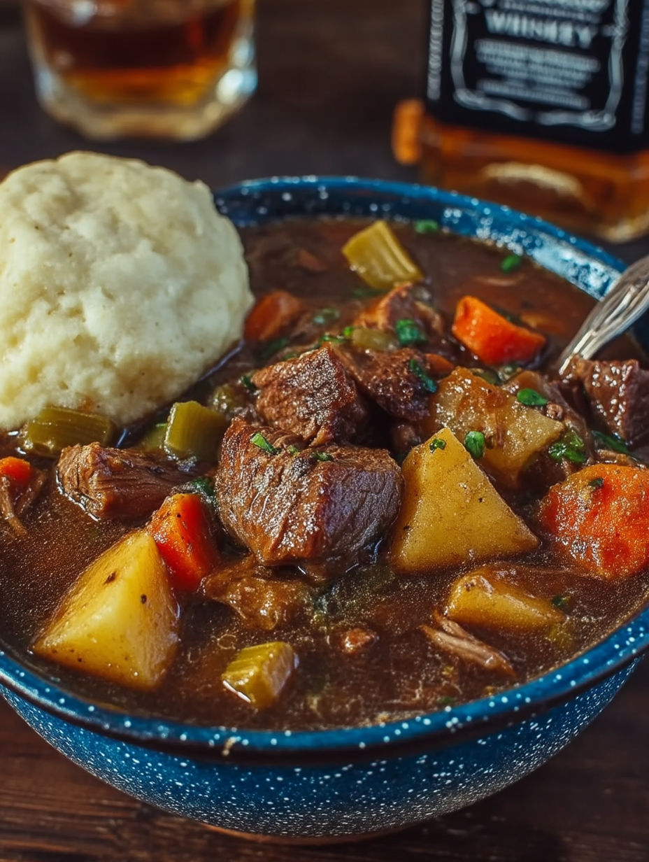 A bowl of beef stew with a biscuit on top.