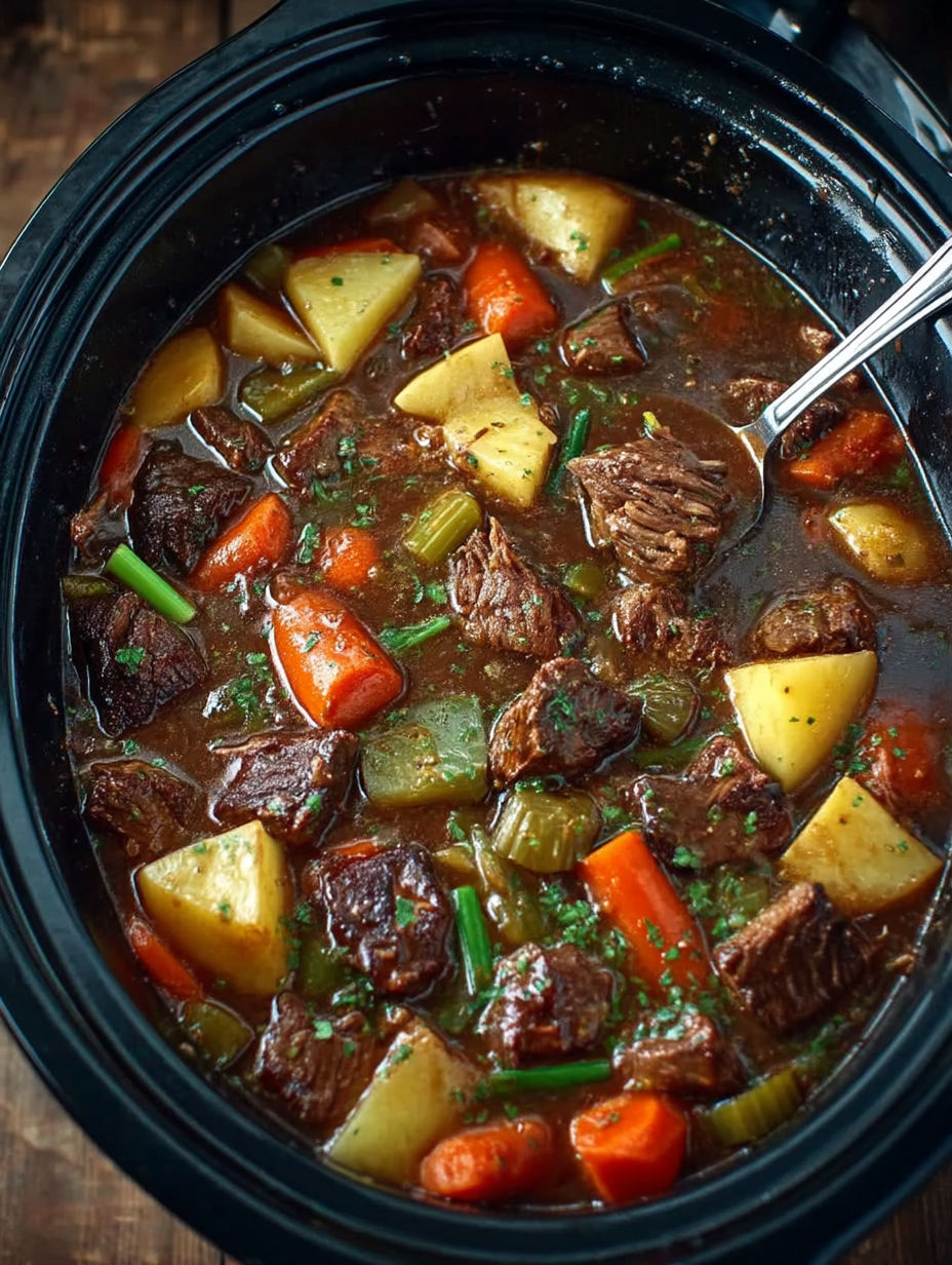 A close up of a beef stew in a slow cooker.