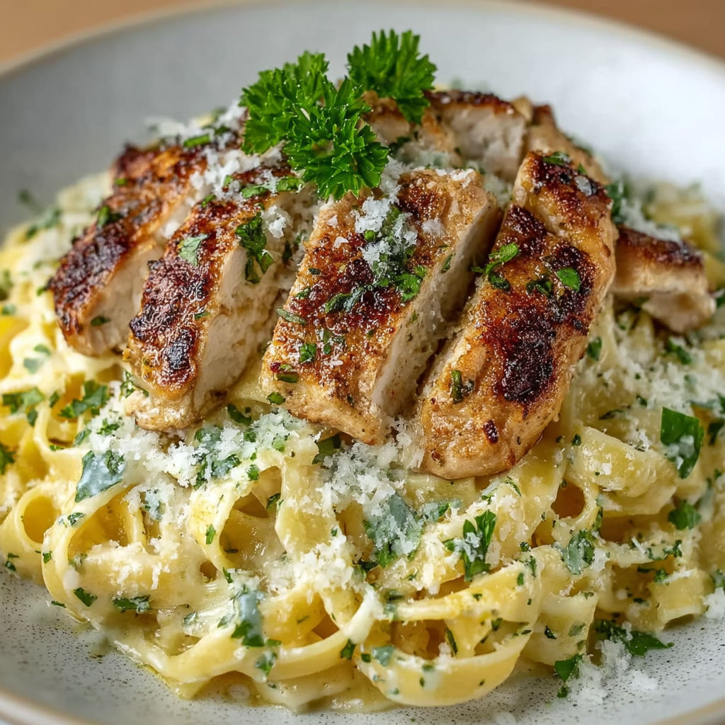 A plate of food with chicken and pasta.
