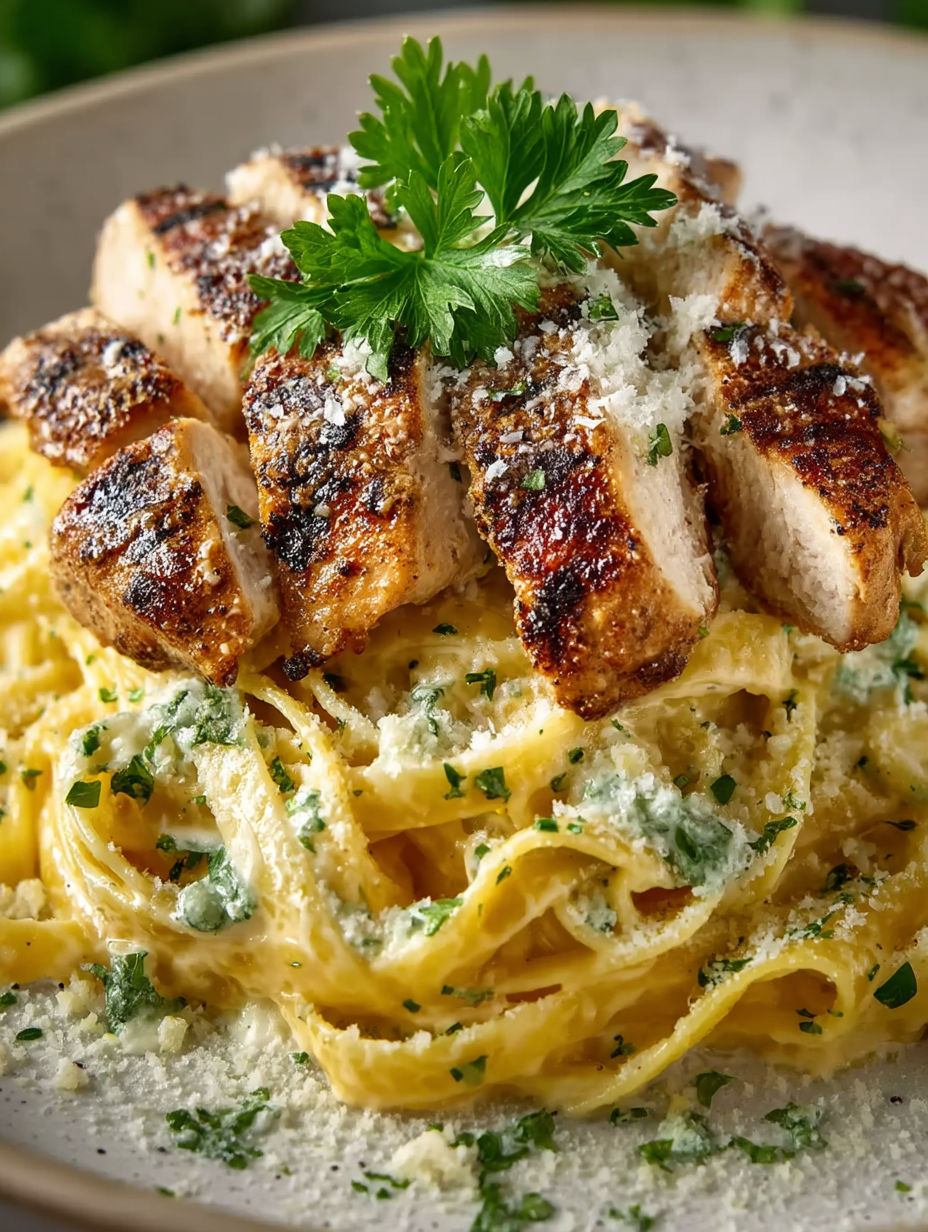 A plate of food with chicken and pasta.