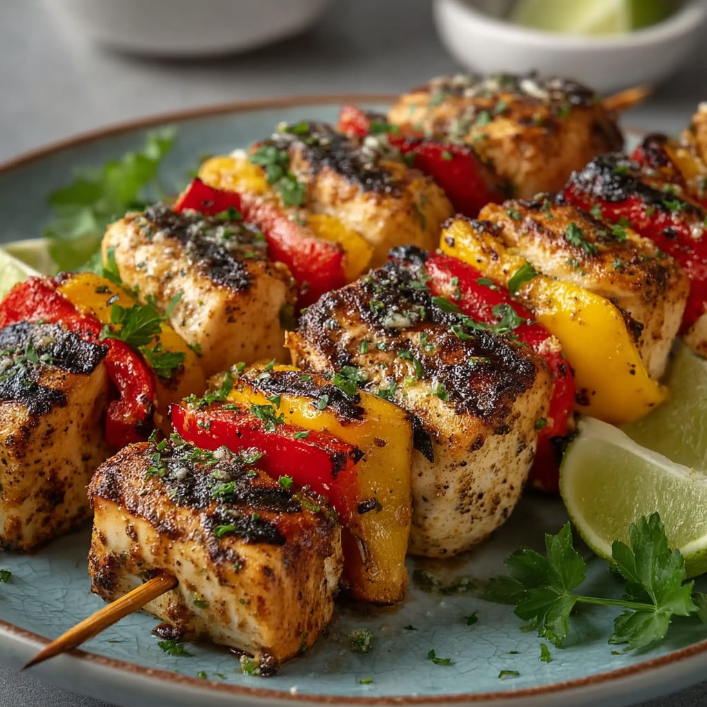 A plate of garlic parmesan chicken skewers.
