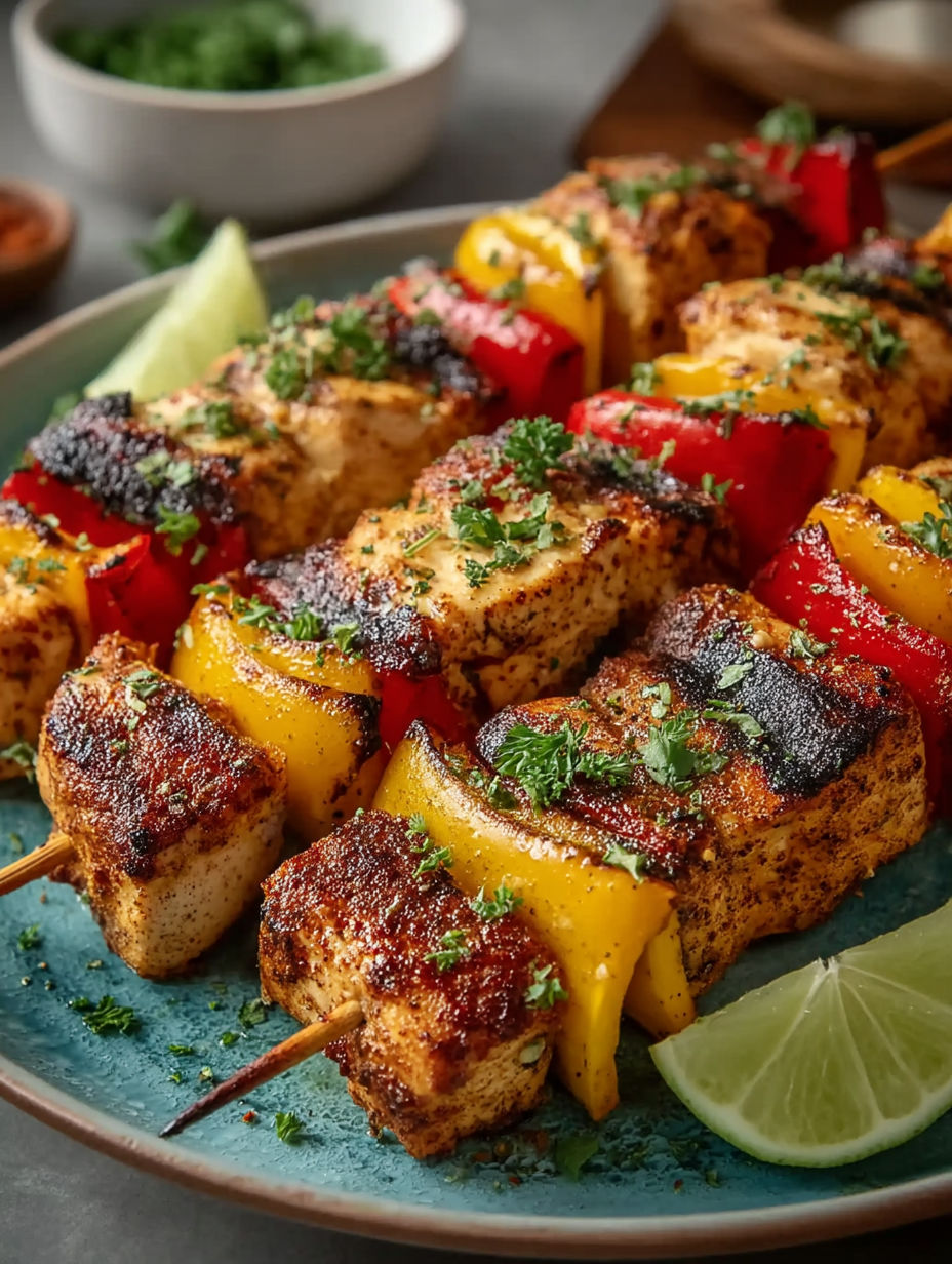 A plate of chicken skewers with peppers and garlic.