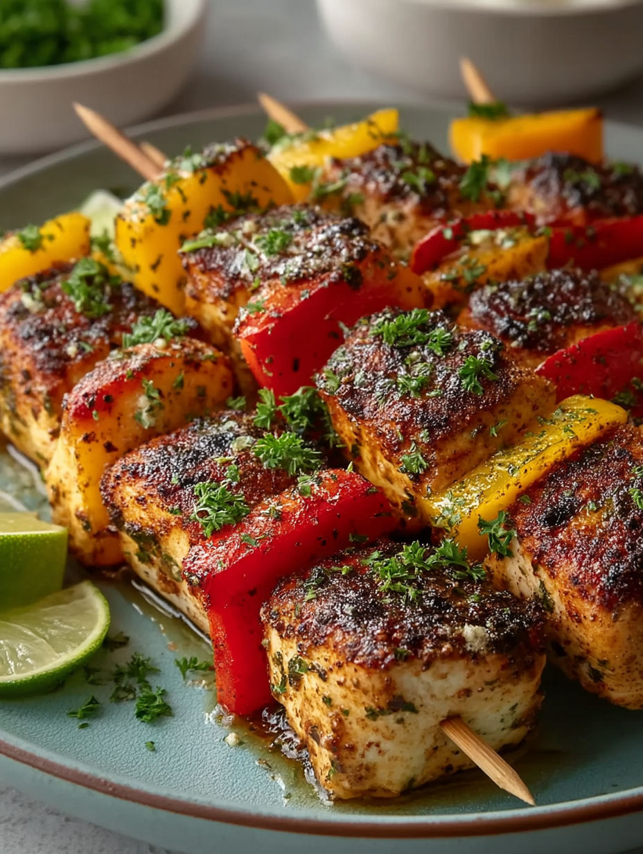 A plate of garlic parmesan chicken skewers.