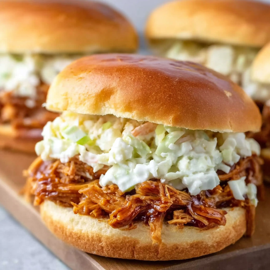 A sandwich with coleslaw and pulled pork.