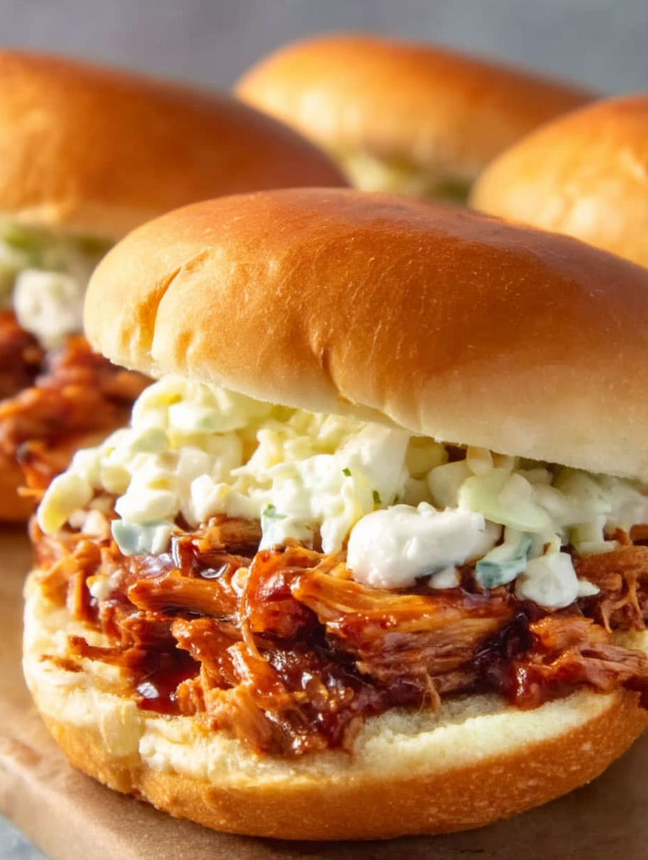 A sandwich with coleslaw and barbecue sauce.