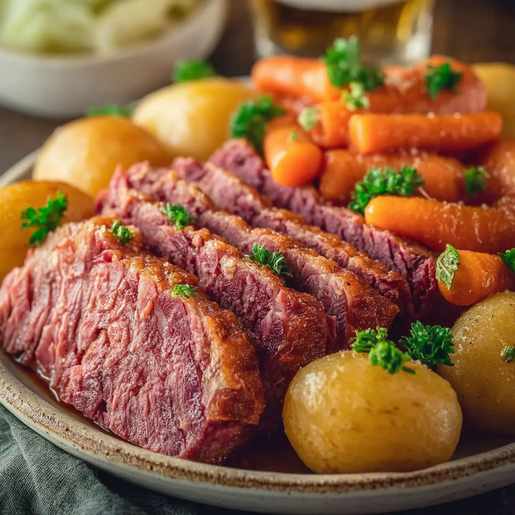 A plate of corned beef and potatoes.