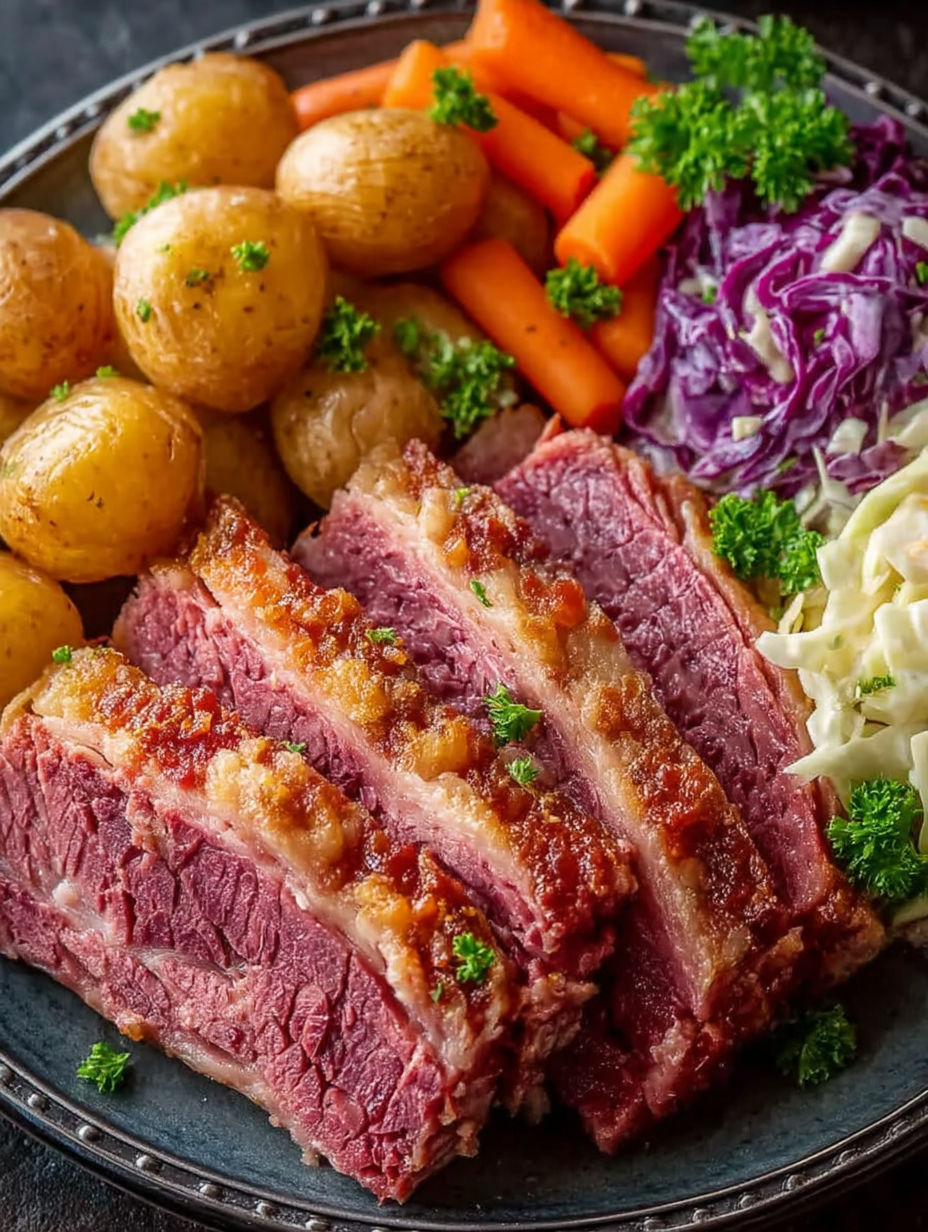 A close up of corned beef with a side of potatoes and cabbage.