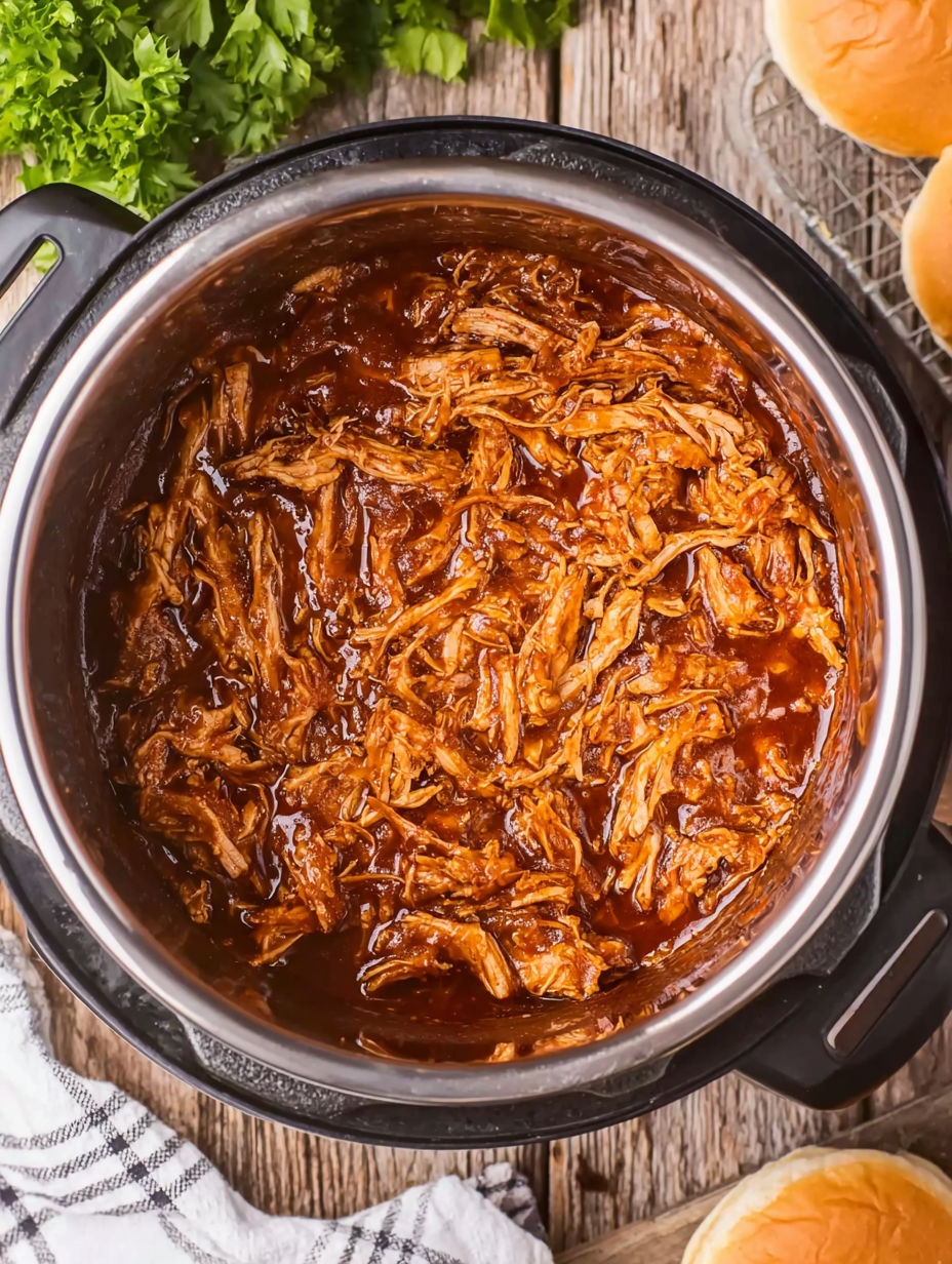 A pot of BBQ chicken is cooked and ready to be served.