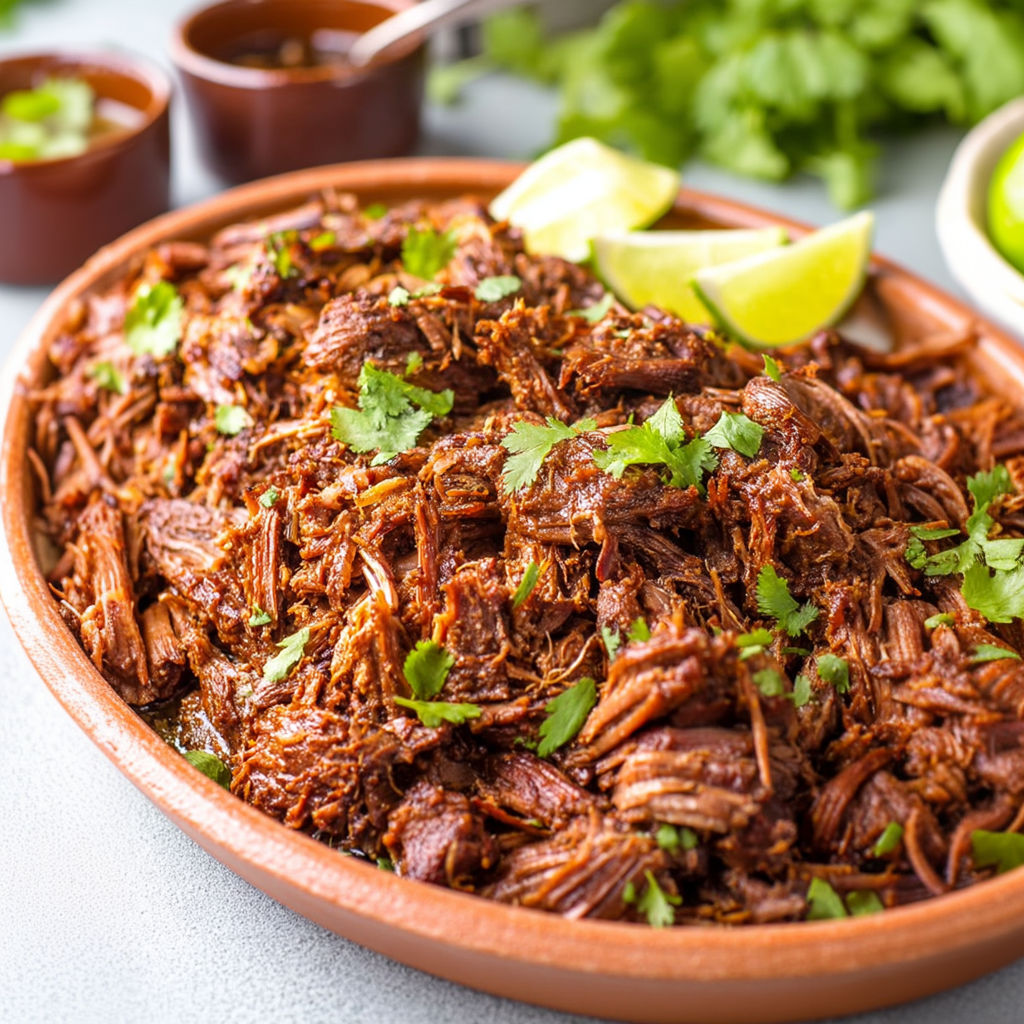 A pot of beef with a lime wedge on top.