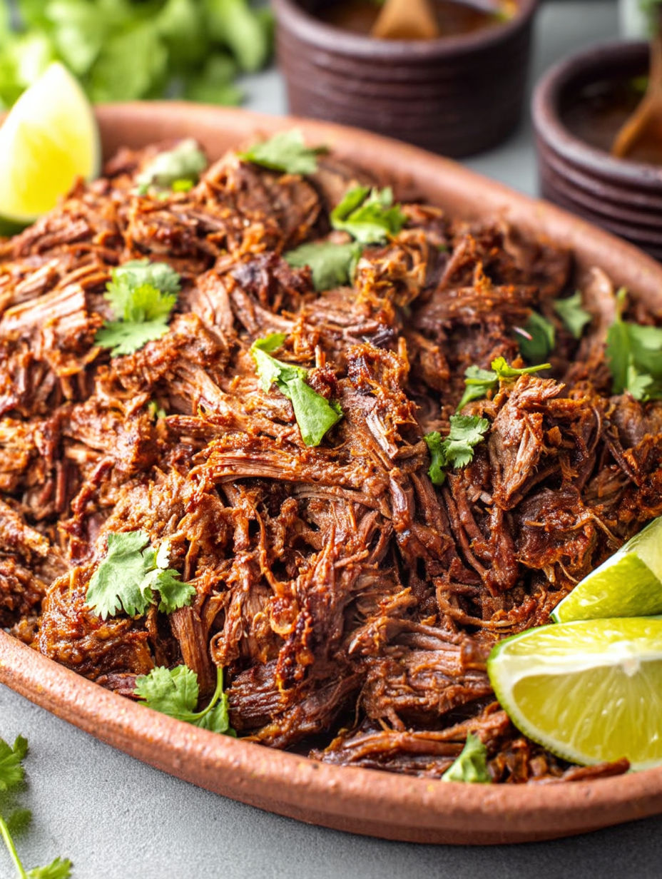 A dish of beef in a bowl with limes and cilantro.