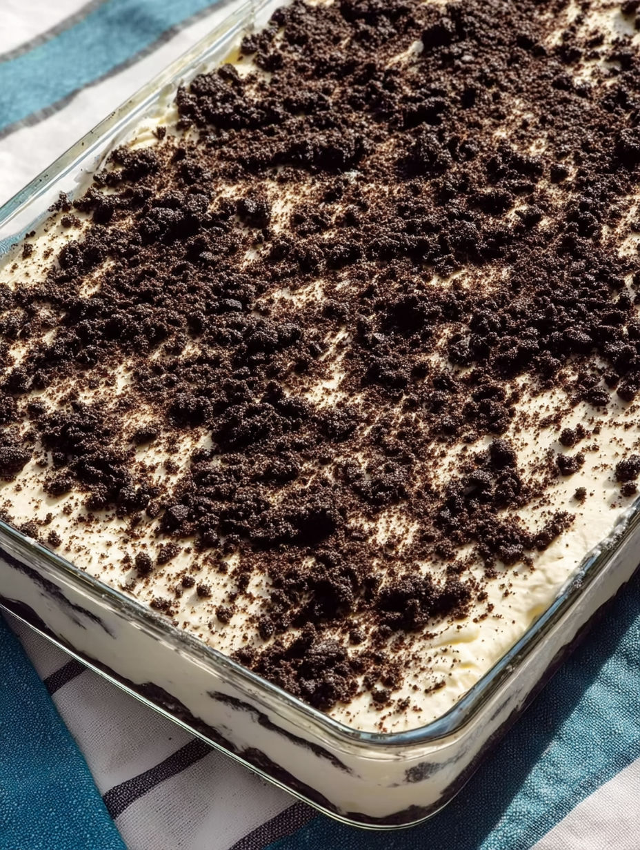 A close up of a delicious Oreo Dirt Cake.