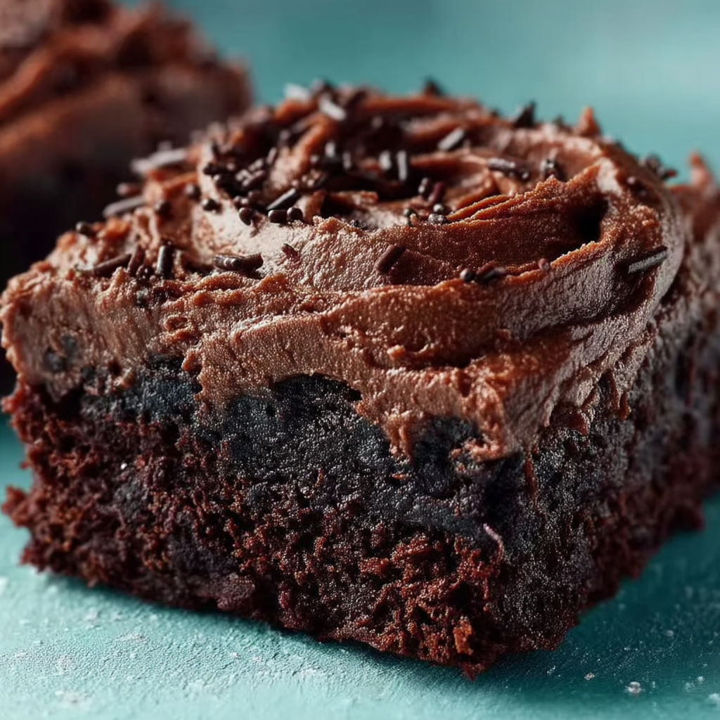 A chocolate square with chocolate chips on top.