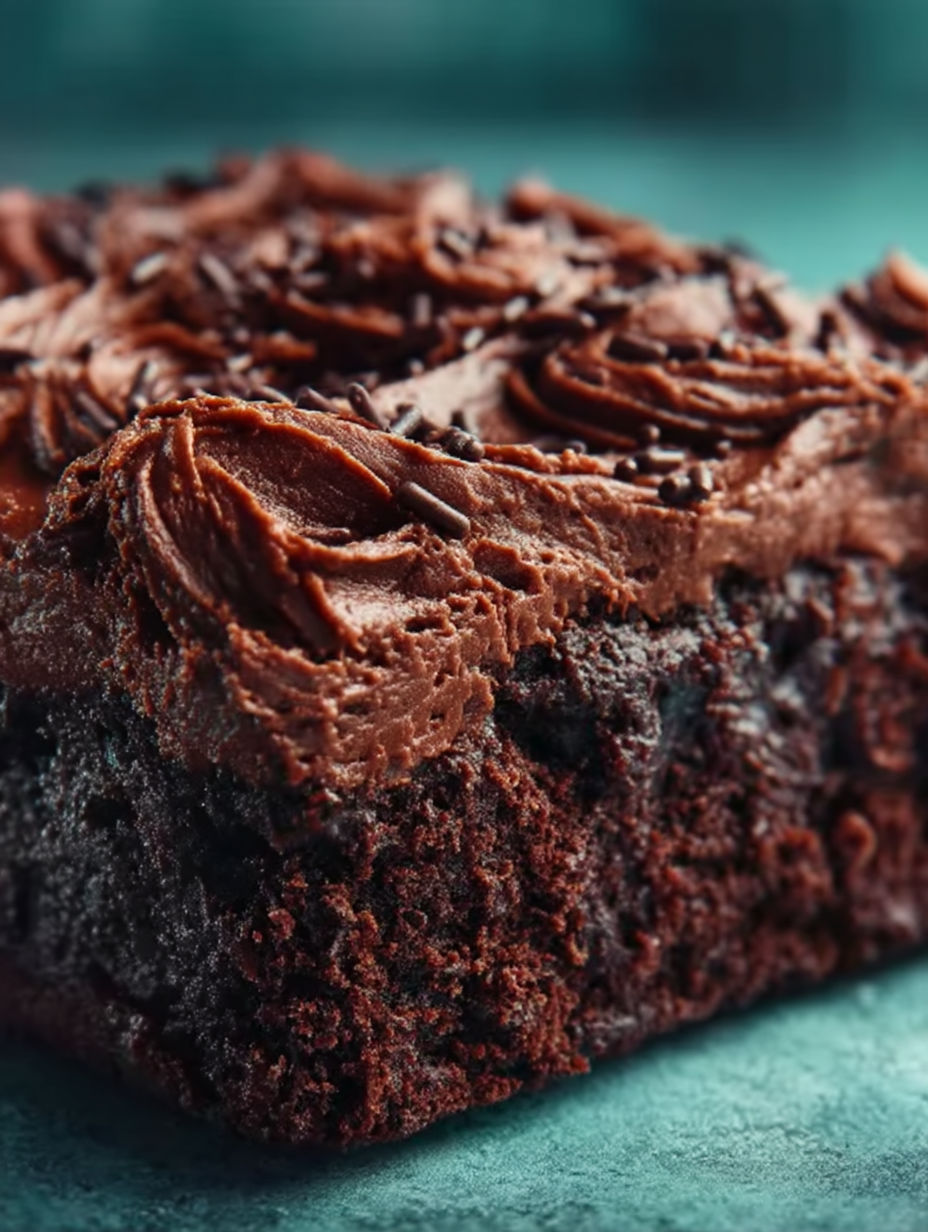 A close up of a chocolate cake with chocolate frosting.