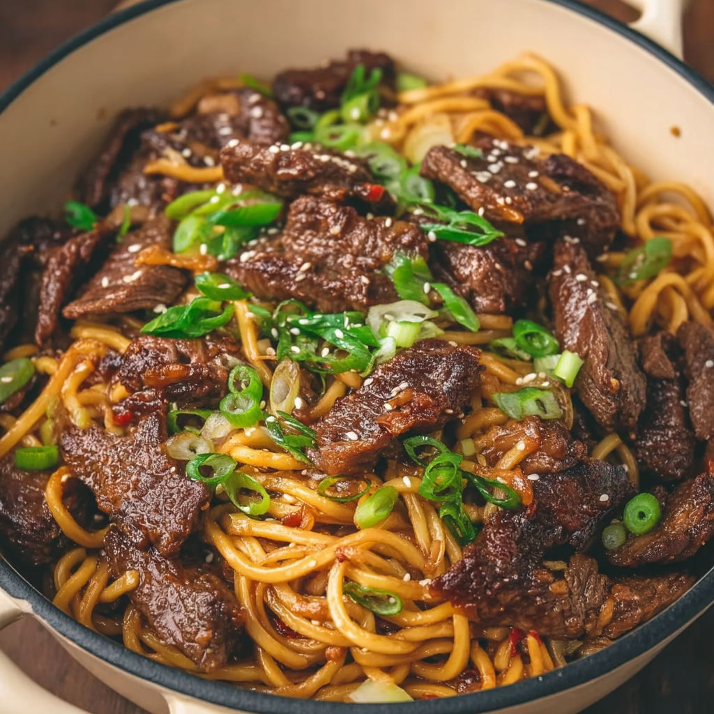 A bowl of Mongolian beef noodles.