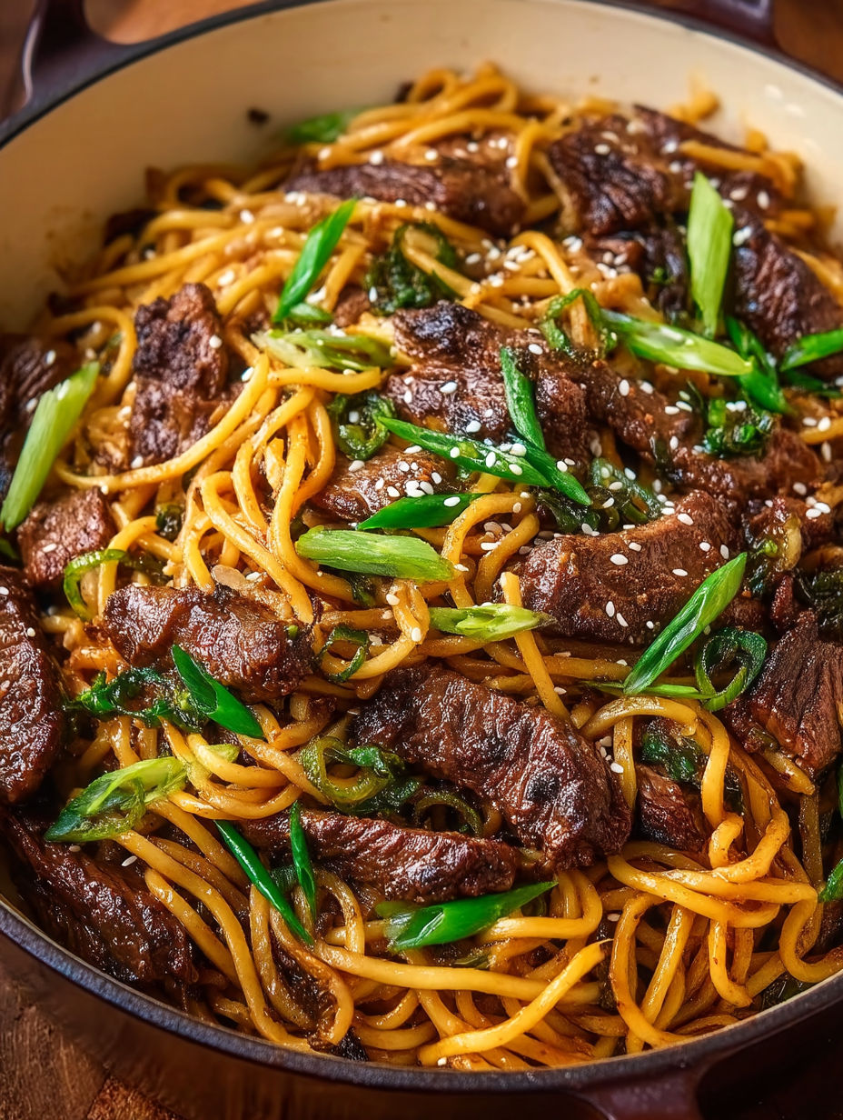 A bowl of Mongolian beef noodles.