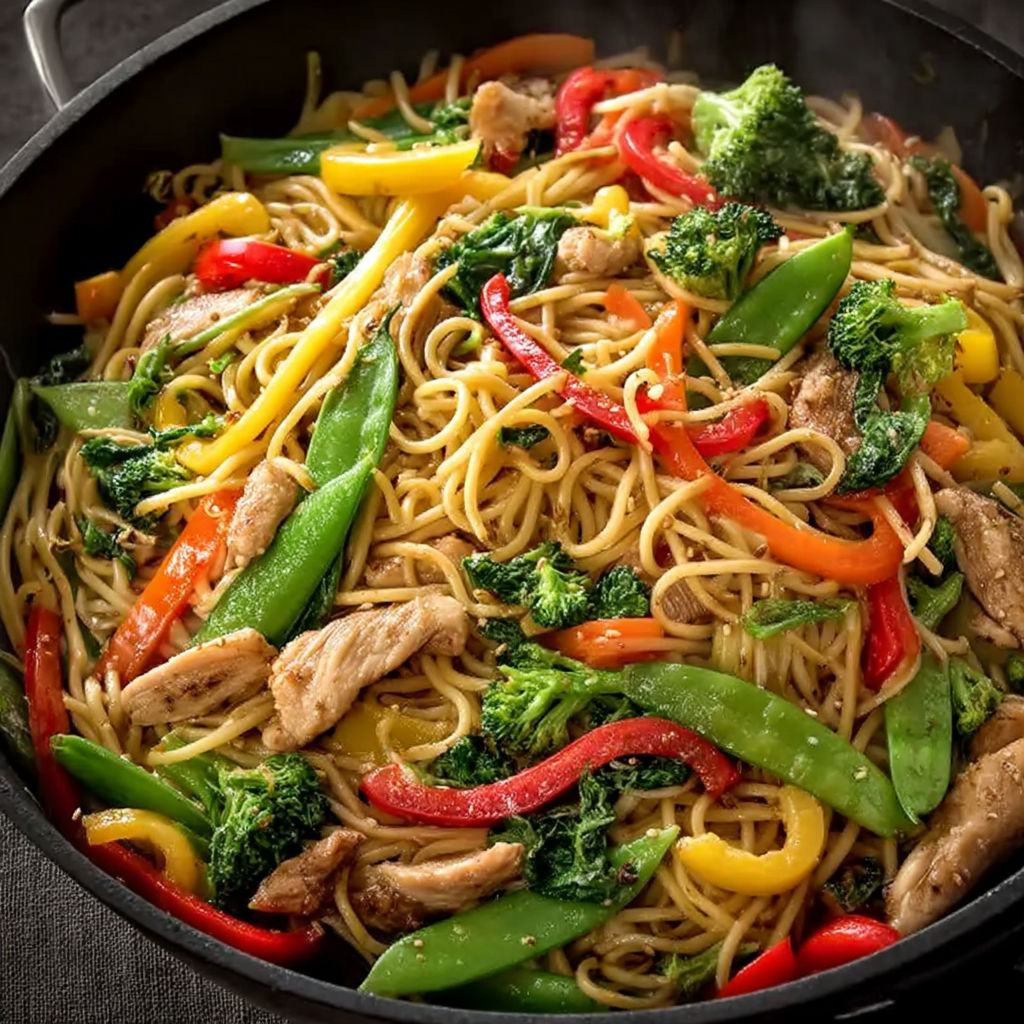 A bowl of chicken lo mein with a variety of vegetables.