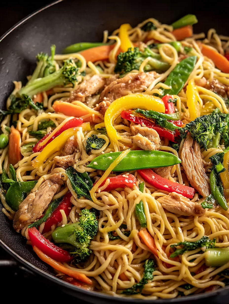 A bowl of chicken lo mein with vegetables.