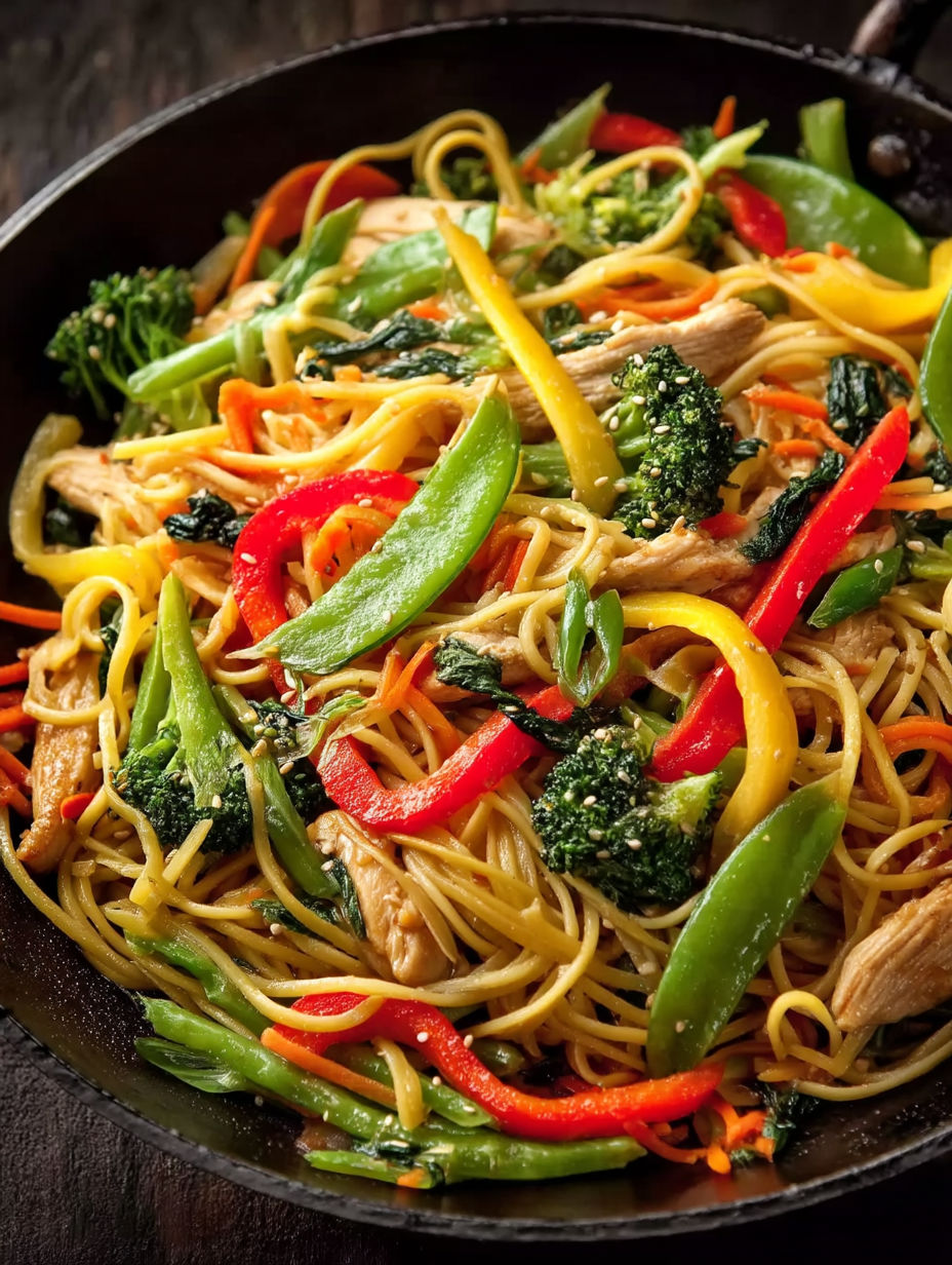 A dish of chicken lo mein with a variety of vegetables.