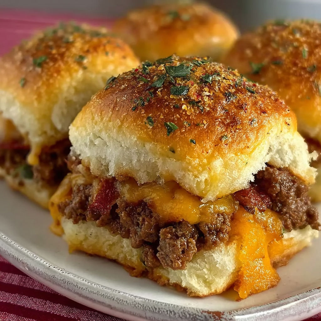Bacon cheeseburger sliders on a plate.