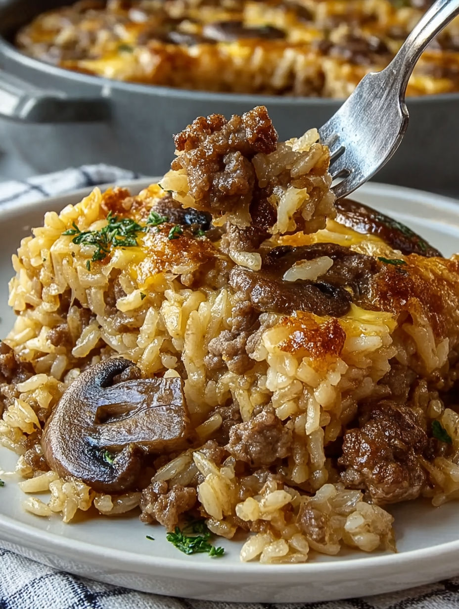 A close up of a French Onion Beef and Rice Casserole.