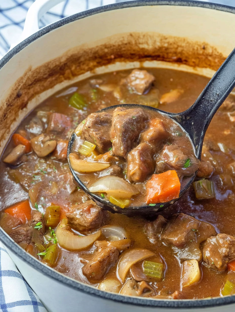 A black spoon in a bowl of beef and vegetable stew.